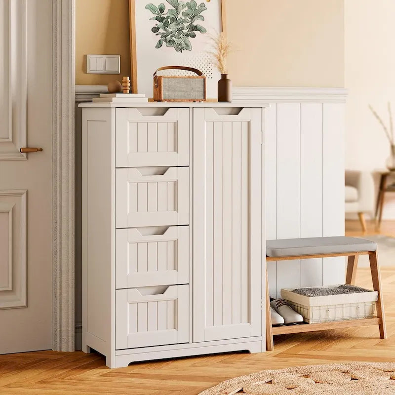 Meuble de rangement de salle de bain sur pied avec 4 tiroirs et une étagère réglable