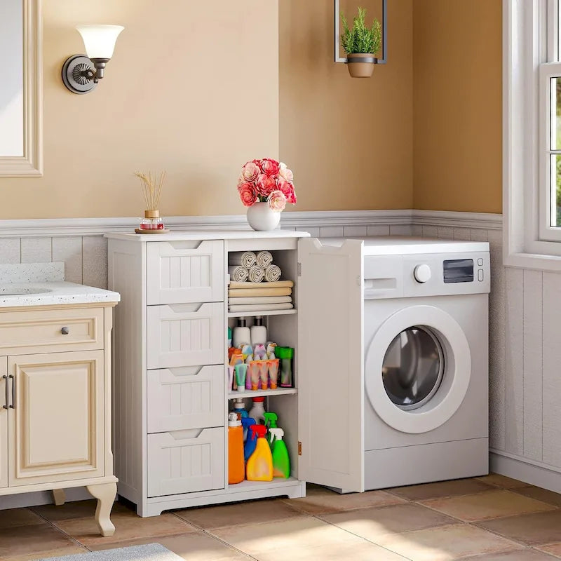 Meuble de rangement de salle de bain sur pied avec 4 tiroirs et une étagère réglable