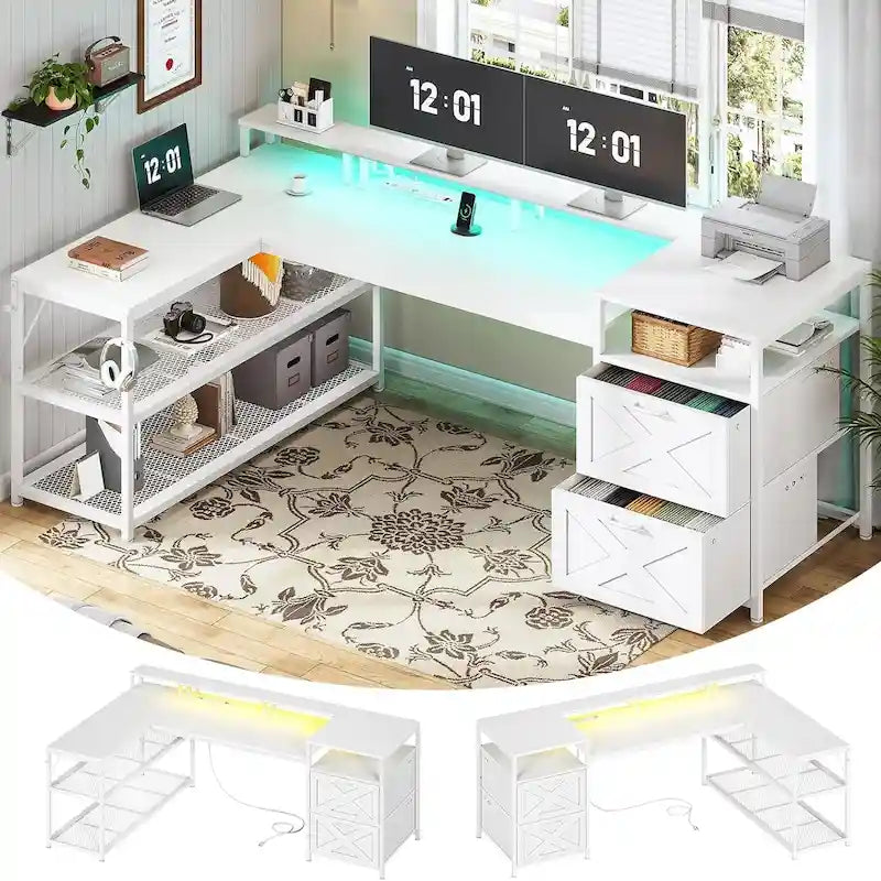 67  L Gaming Shaped Desk Storage Shelves Power Outlet 2 Drawers