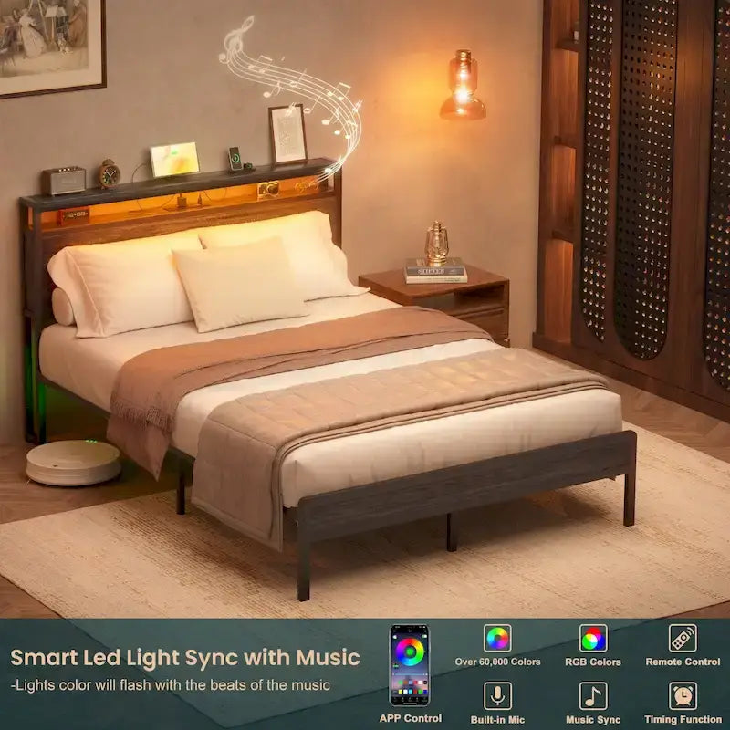 Cadre de lit plateforme en bois style ferme avec station de charge et lumières LED