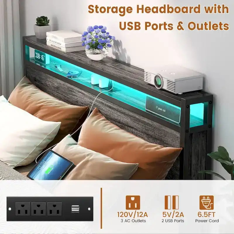 Cadre de lit plateforme en bois style ferme avec station de charge et lumières LED