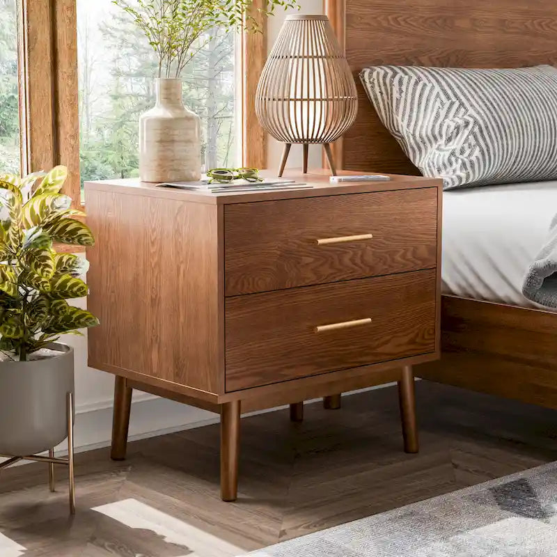Table de chevet à deux tiroirs en noyer de style Mid-Century