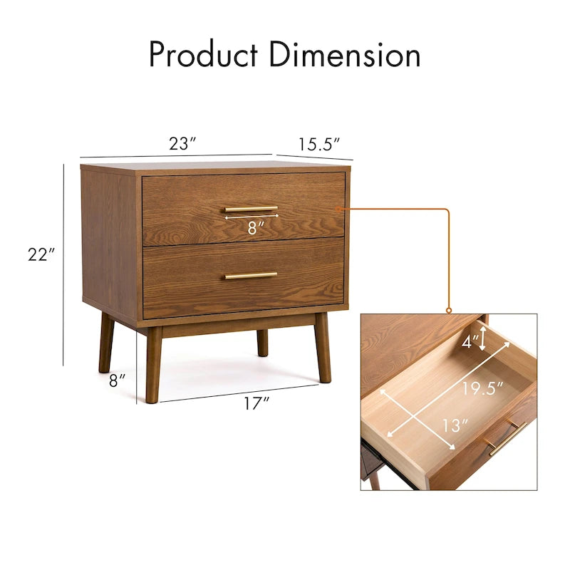 Table de chevet à deux tiroirs en noyer de style Mid-Century
