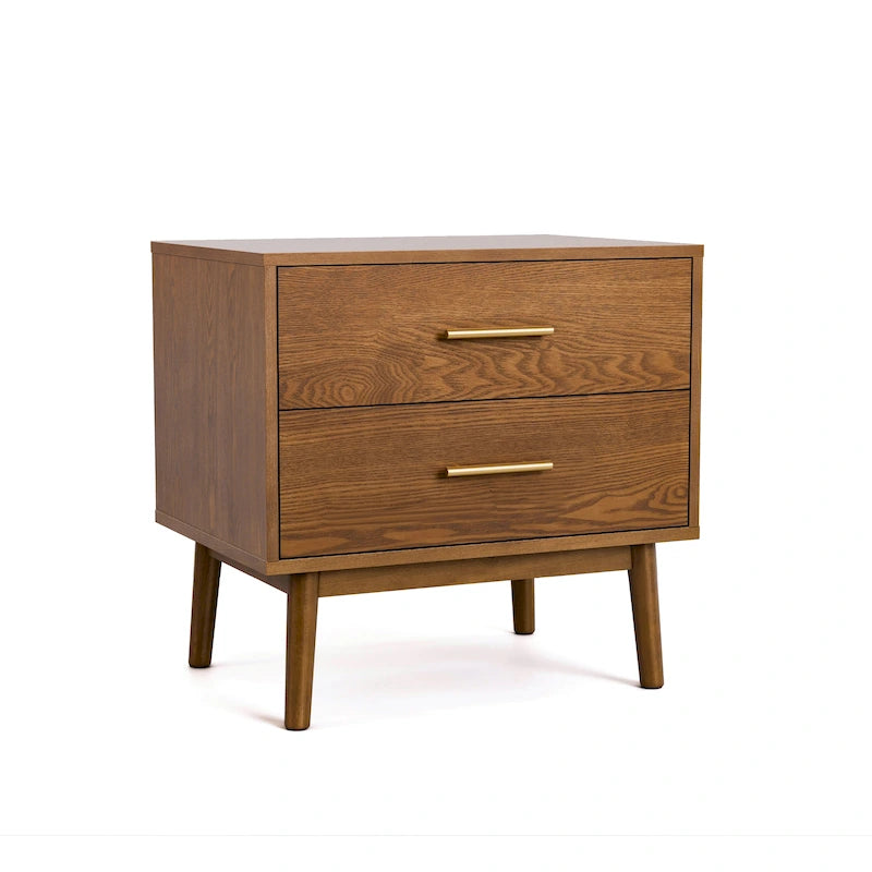 Table de chevet à deux tiroirs en noyer de style Mid-Century