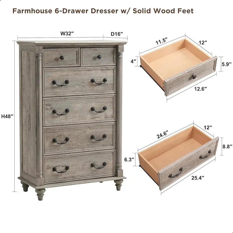 Commode de ferme à 6 tiroirs, commode rustique en bois