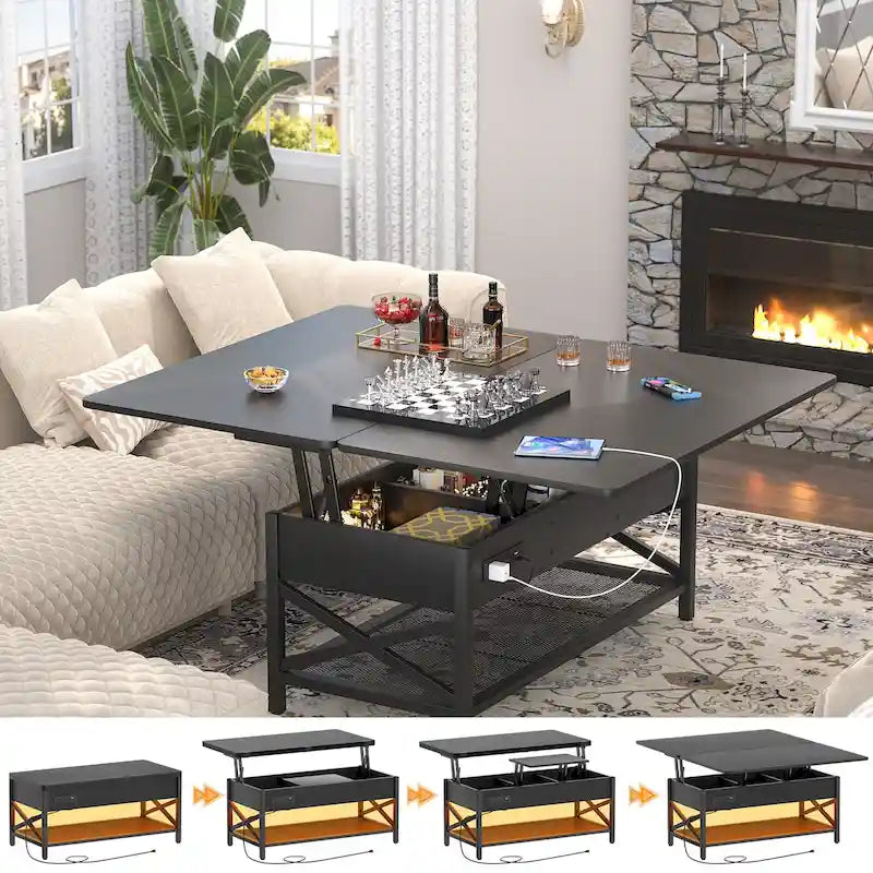 Table basse réglable en hauteur avec lumières LED et port USB