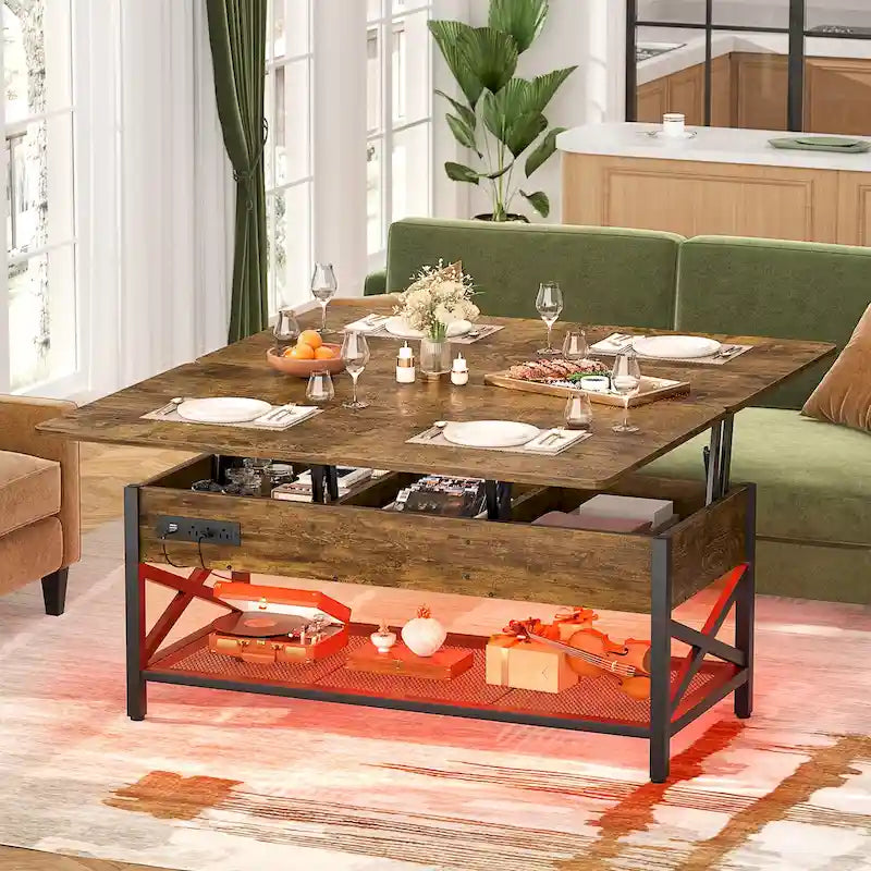 Table basse réglable en hauteur avec lumières LED et port USB