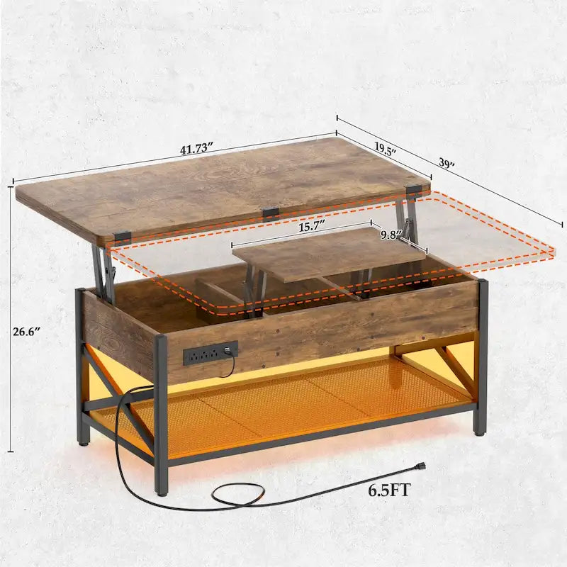 Table basse réglable en hauteur avec lumières LED et port USB