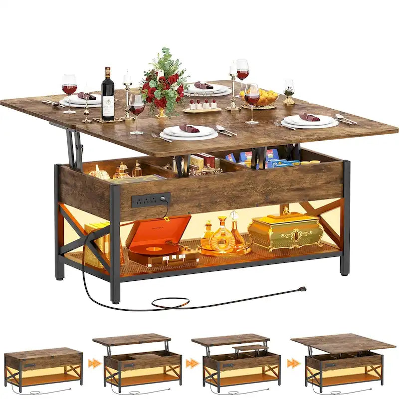 Table basse réglable en hauteur avec lumières LED et port USB