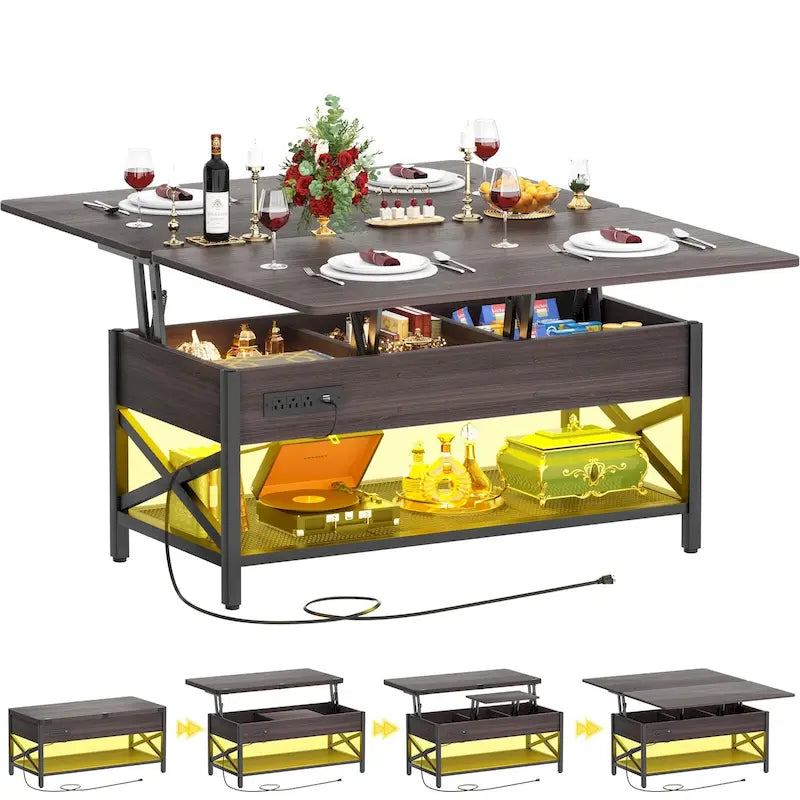 Table basse réglable en hauteur avec lumières LED et port USB