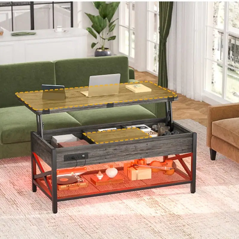 Table basse réglable en hauteur avec lumières LED et port USB
