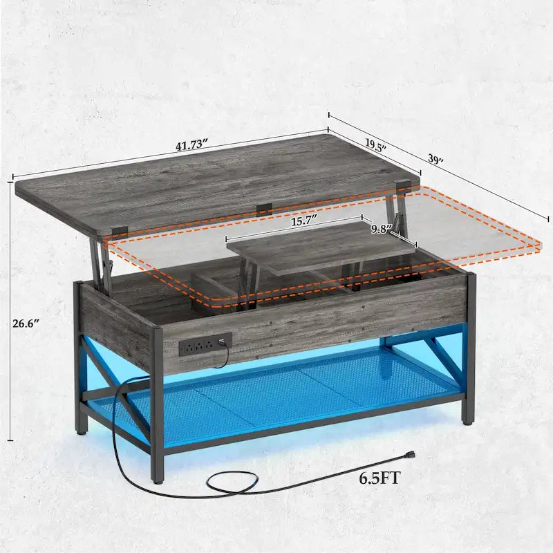 Table basse réglable en hauteur avec lumières LED et port USB