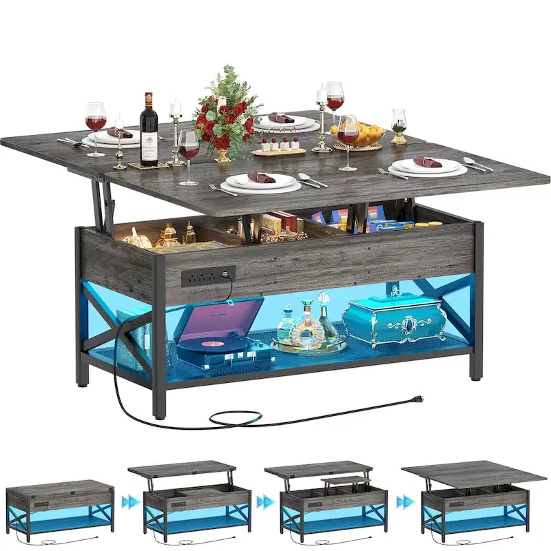 Table basse réglable en hauteur avec lumières LED et port USB