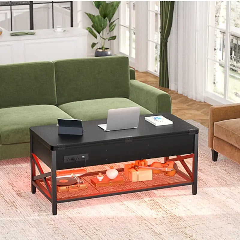 Table basse réglable en hauteur avec lumières LED et port USB