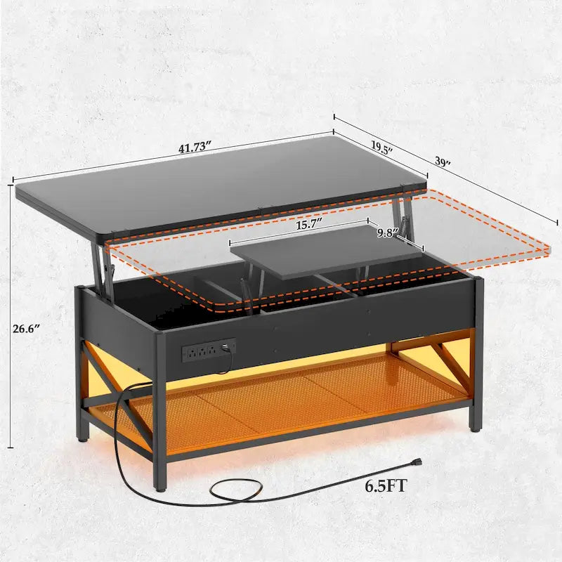 Table basse réglable en hauteur avec lumières LED et port USB
