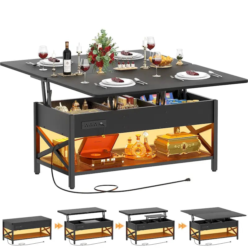 Table basse réglable en hauteur avec lumières LED et port USB